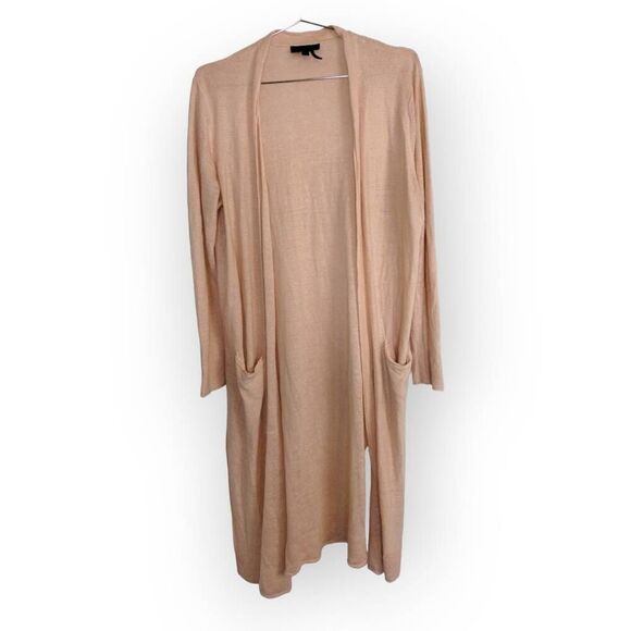 Donna Karan Womens Cardigan Sz Medium Tan Linen Knit Open Front Long Sleeves - Picture 10 of 11